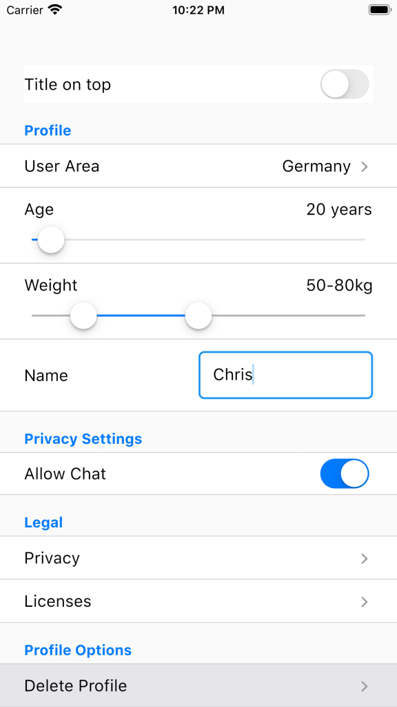 Settings Page with Flutter with titles on left