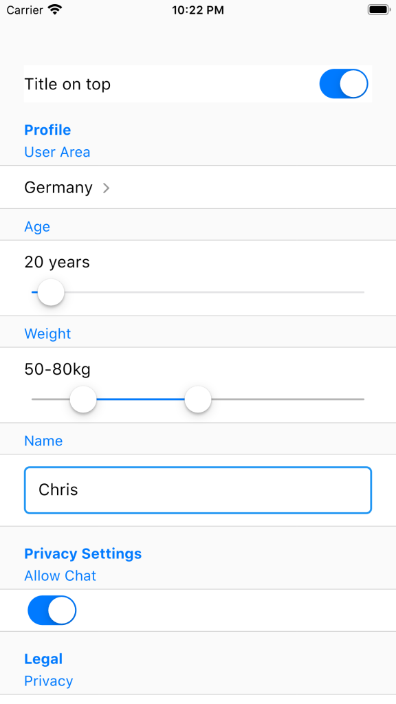 Settings Page with Flutter with titles on top